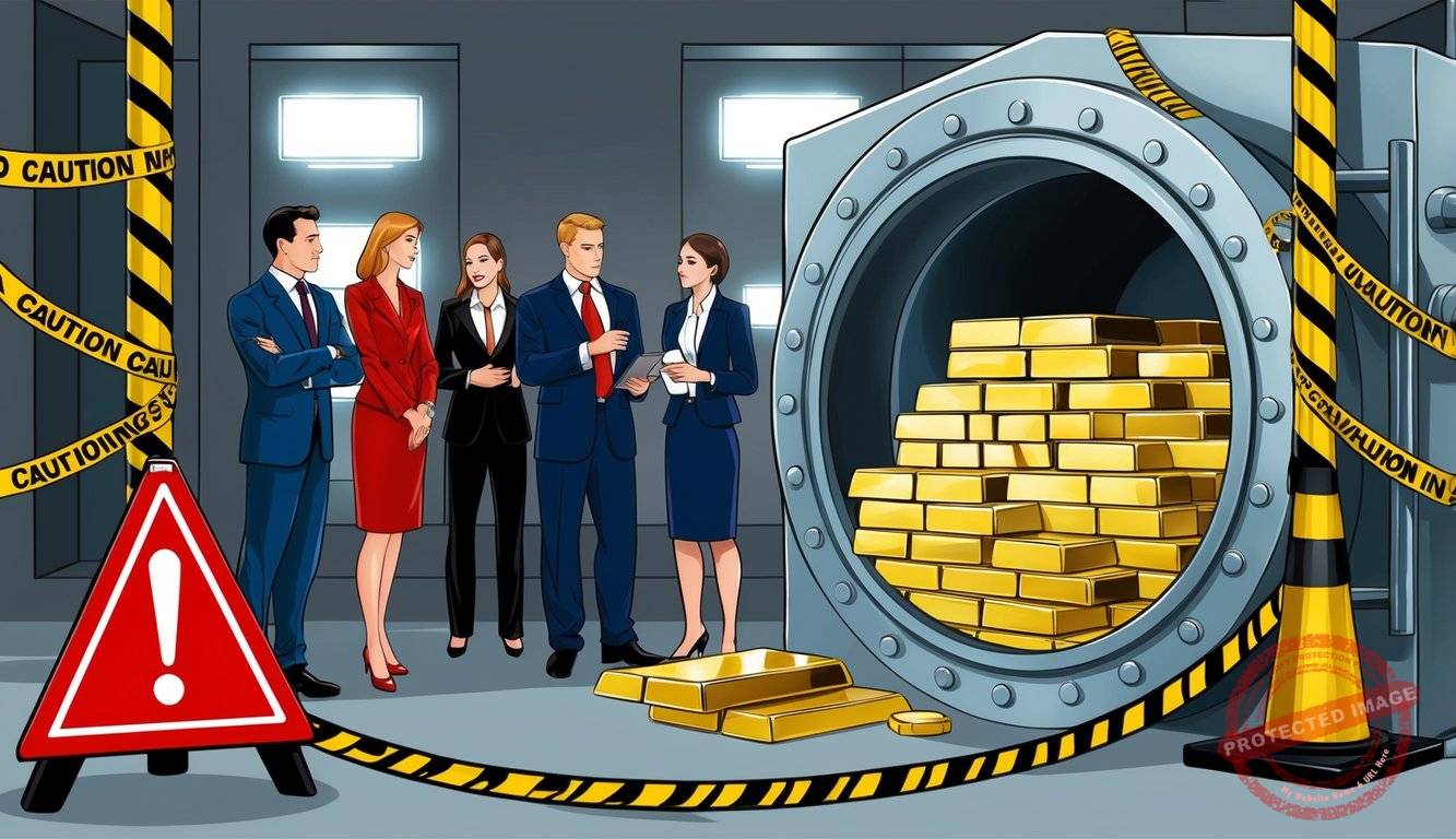 A secure vault with gold bars, surrounded by caution tape and warning signs. A group of people discussing investment strategies in the background