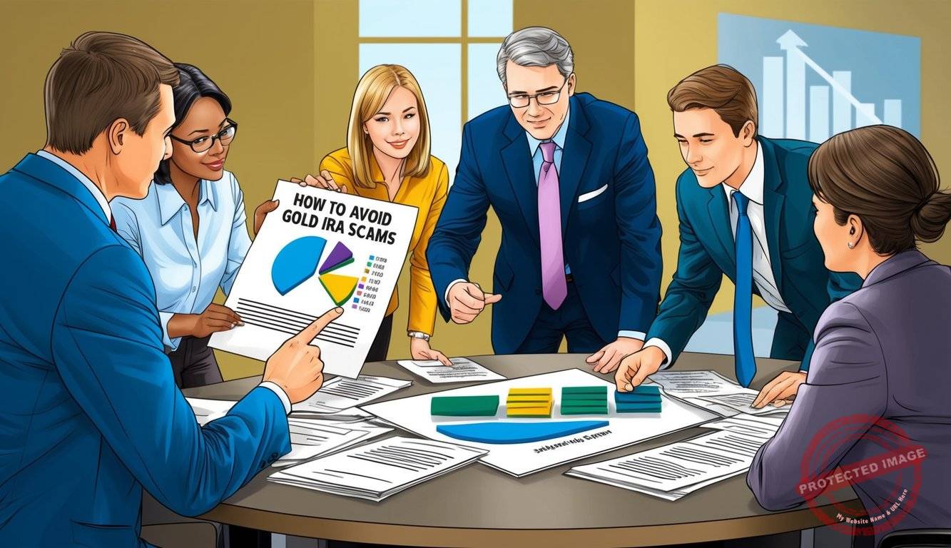 A group of people gather around a table, examining documents and discussing legal options. One person points to a chart showing how to avoid gold IRA scams