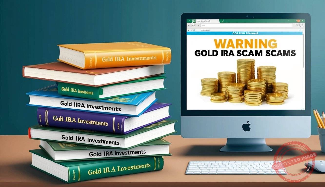 A stack of educational books on gold IRA investments next to a computer displaying a warning about gold IRA scams