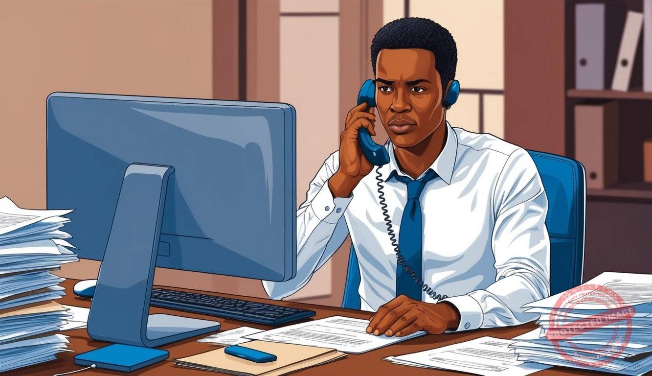 A person sitting at a desk, surrounded by paperwork and a computer, talking on the phone with a serious expression