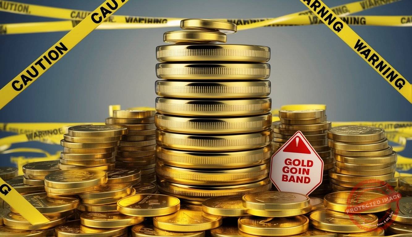 A stack of gold coins and bars surrounded by caution tape and warning signs