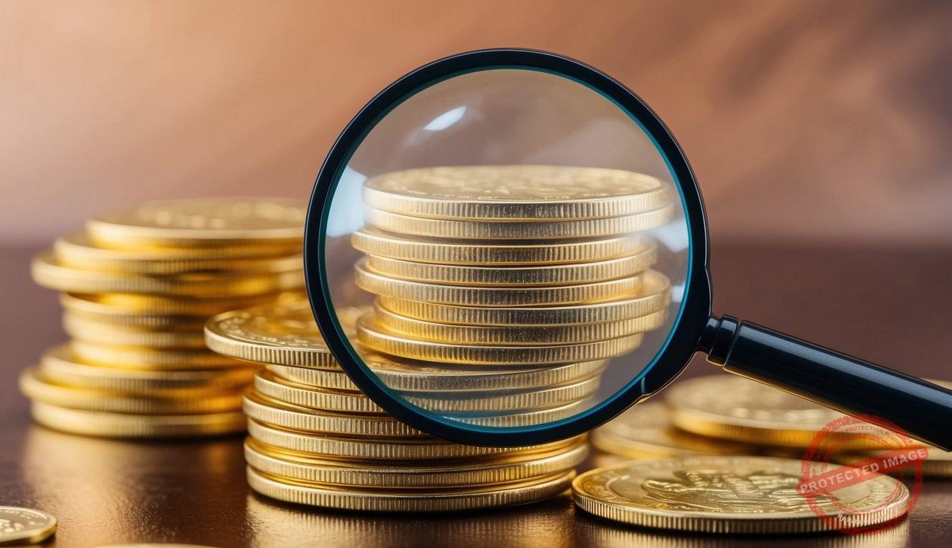 A stack of gold coins with a magnifying glass hovering over them, revealing intricate details and potential scams