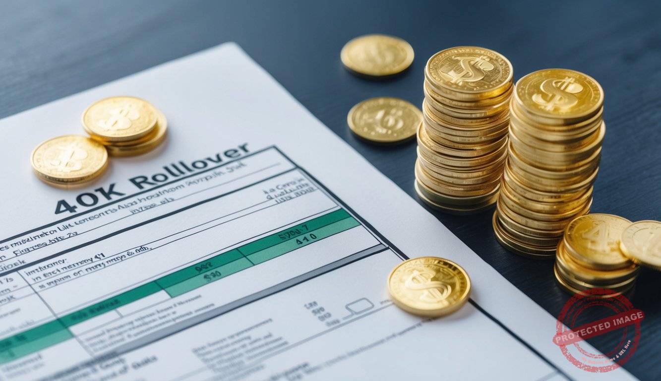 A stack of gold coins and a financial document representing a 401k rollover