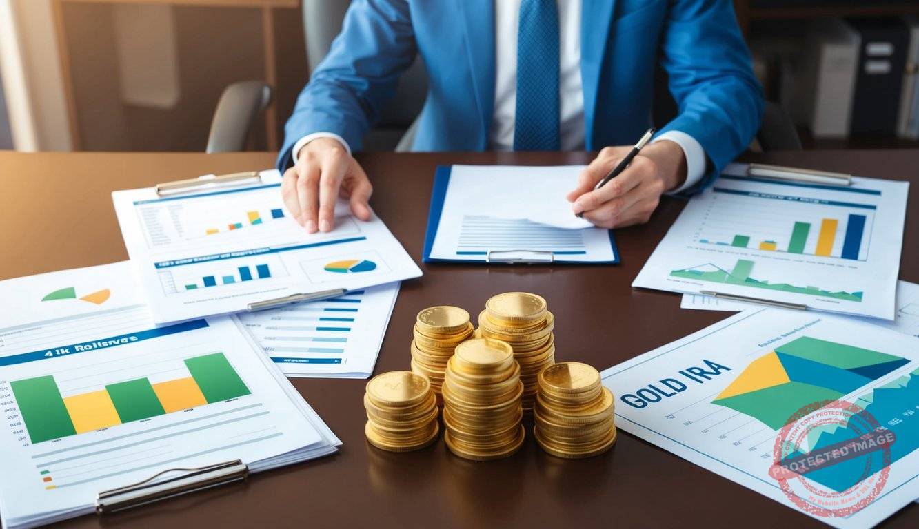 A person sitting at a desk, reviewing paperwork and comparing different gold IRA custodians for a 401k rollover. A stack of gold coins and investment charts are spread out on the table