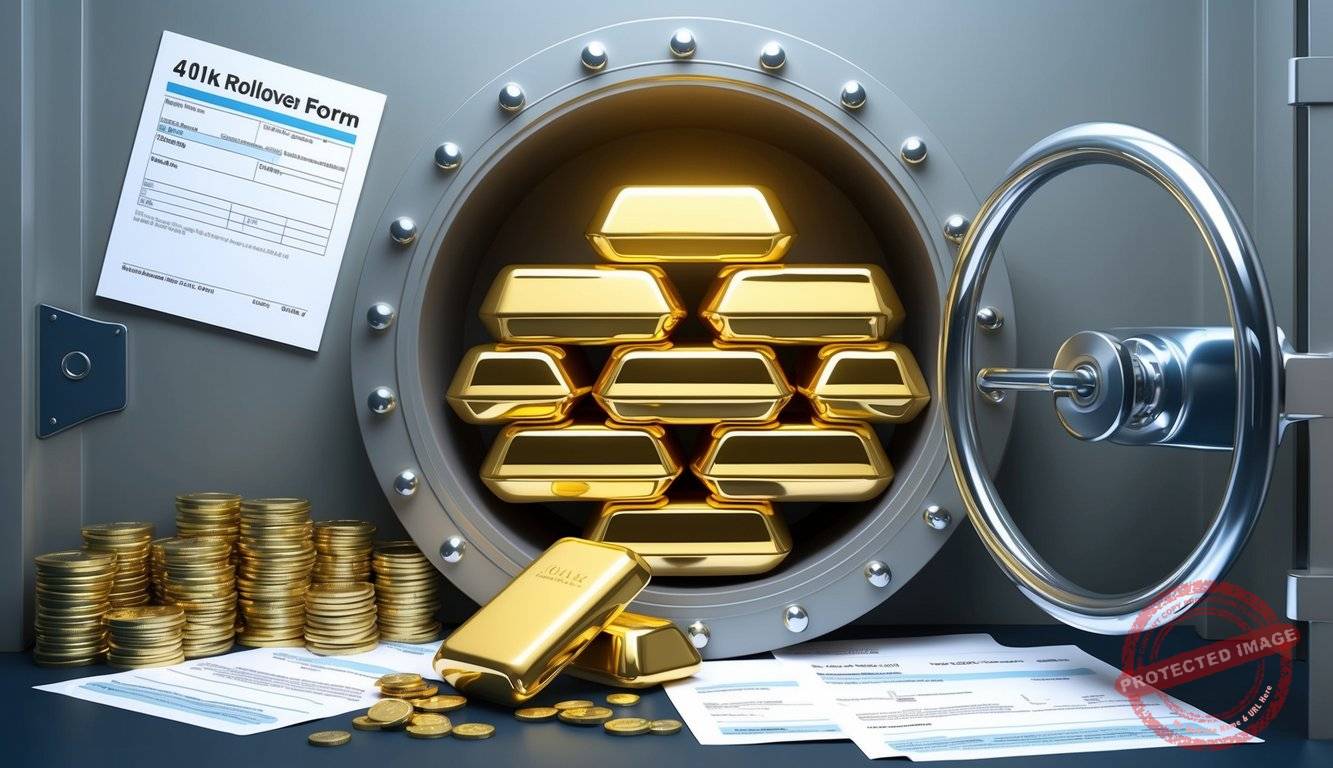 A secure vault filled with gleaming physical gold bars and precious metals, surrounded by financial documents and a 401k rollover form