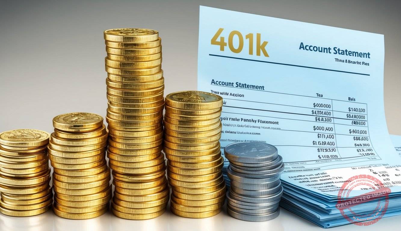 A stack of gold coins and a 401k account statement with penalty fees