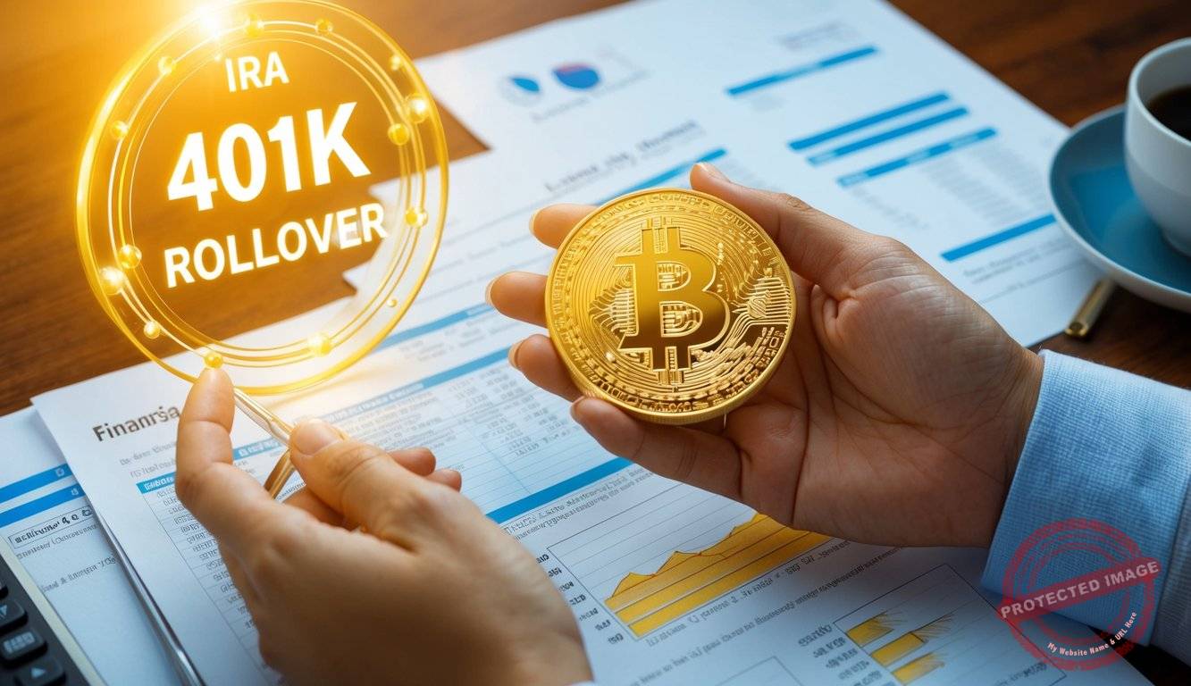 A hand holding a golden coin, surrounded by financial documents and a glowing gold IRA 401k rollover sign