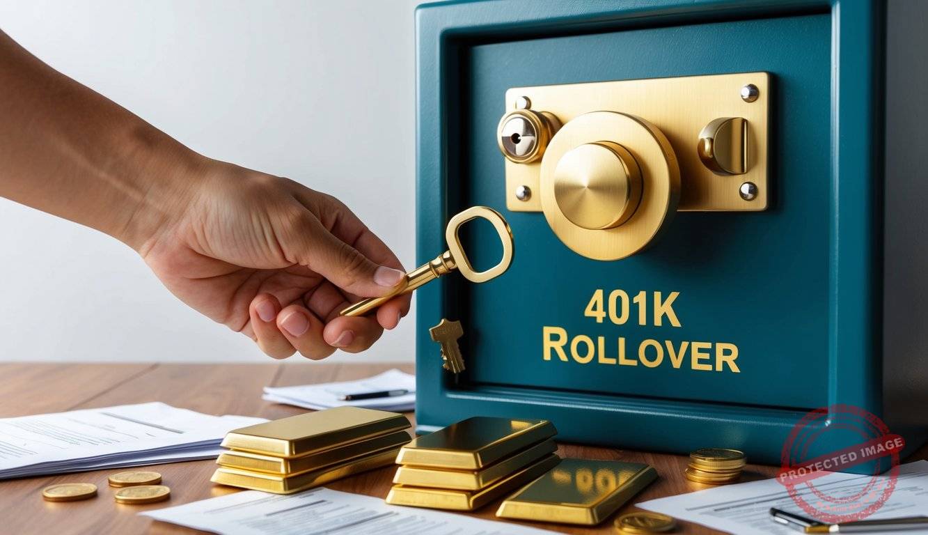 A hand holding a golden key, unlocking a safe labeled "401k Rollover". Gold bars and financial documents scattered around