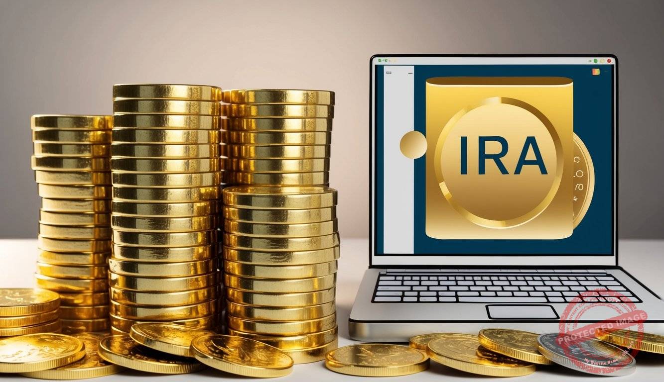 A stack of gold bars and coins contrasted with a digital representation of a Gold IRA