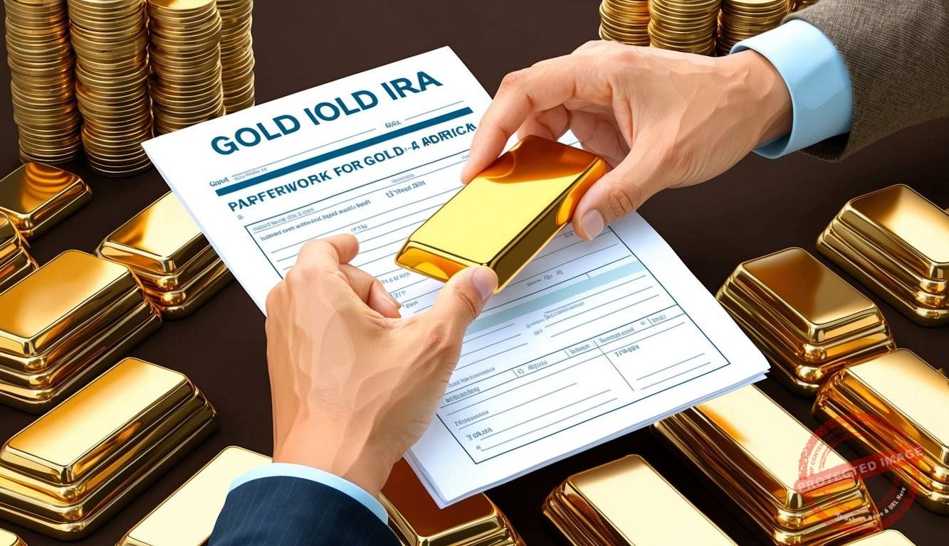 A hand holding a gold bar and a paperwork for Gold IRA, surrounded by stacks of gold coins and bars