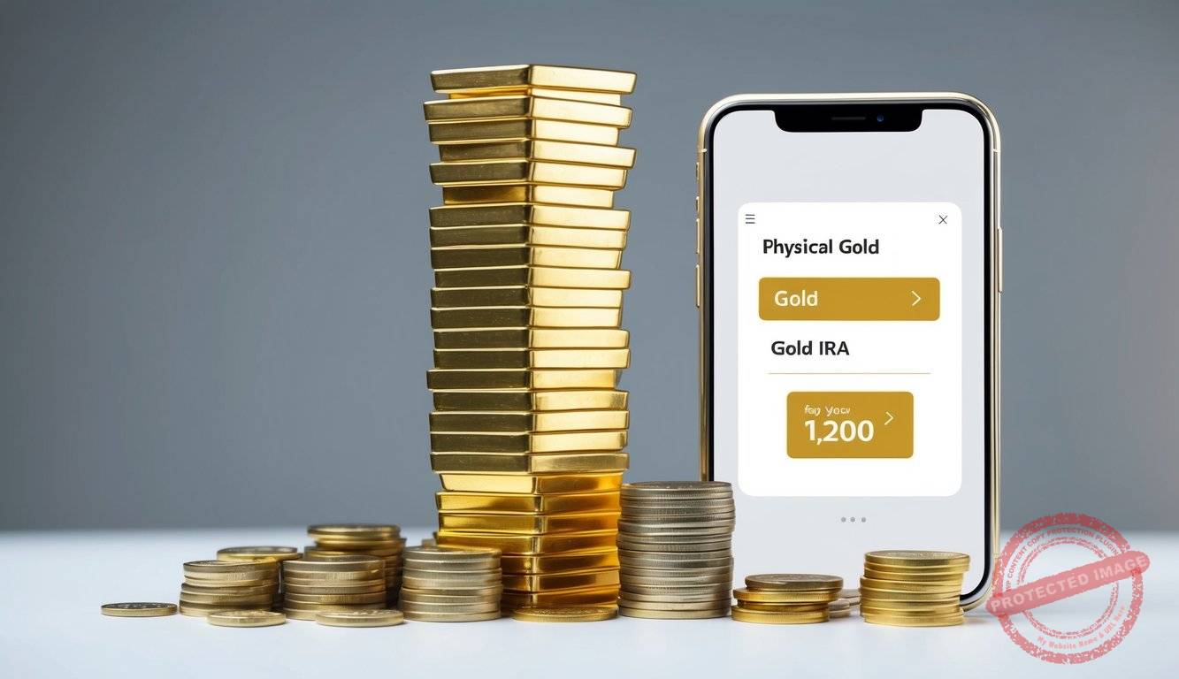 A stack of gold bars and coins contrasted with a sleek digital interface, symbolizing the choice between physical gold and a Gold IRA for investment