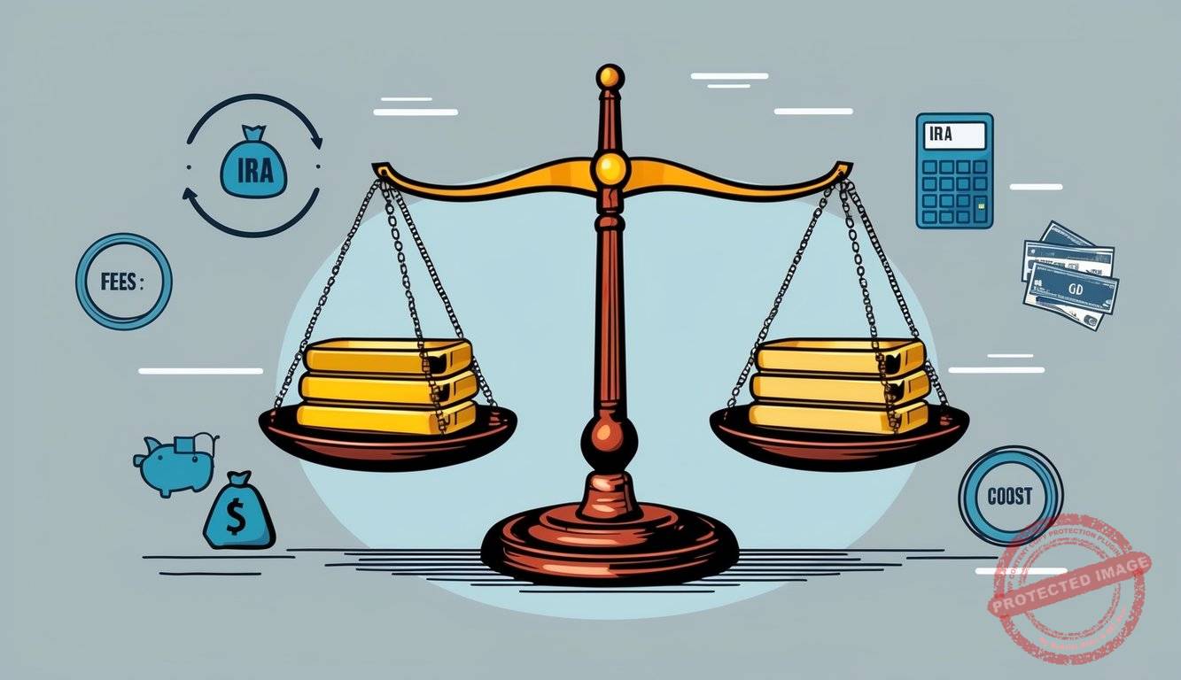 A scale with Gold IRA and Physical Gold on opposite sides, surrounded by various fees and costs symbols