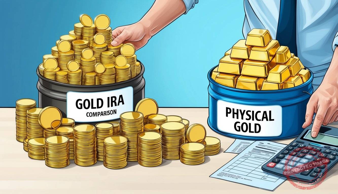 A person comparing two piles of gold coins and bars, one labeled "Gold IRA" and the other "Physical Gold," with a calculator and financial documents nearby