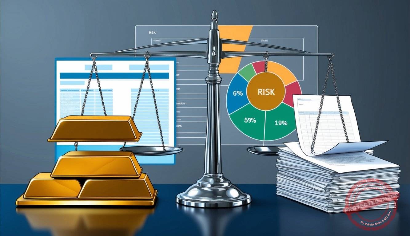 A scale weighing gold bars on one side and a stack of paperwork on the other, with a risk assessment chart in the background