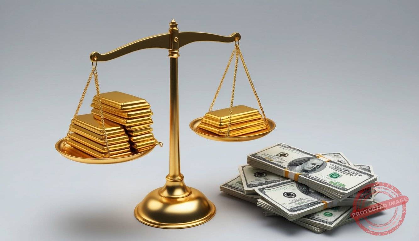 A golden scale balances a stack of gold bars against a pile of cash