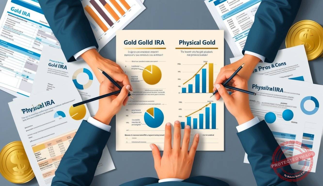 A person weighing the pros and cons of a Gold IRA and physical gold, surrounded by financial documents and investment charts