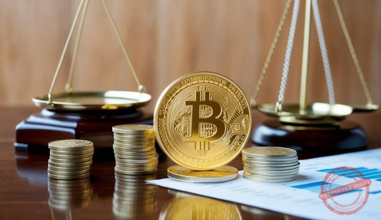 A coin representing a Gold IRA sits on a polished wooden desk next to a gleaming gold bar and a stack of gold coins. A scale and financial chart are in the background